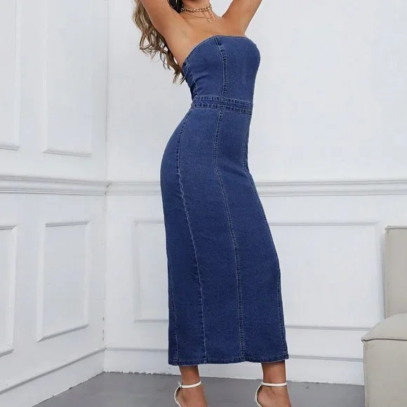 Dark Wash Casual Womens Split Back Tube Bodycon Denim Dress - Picture 3 of 5